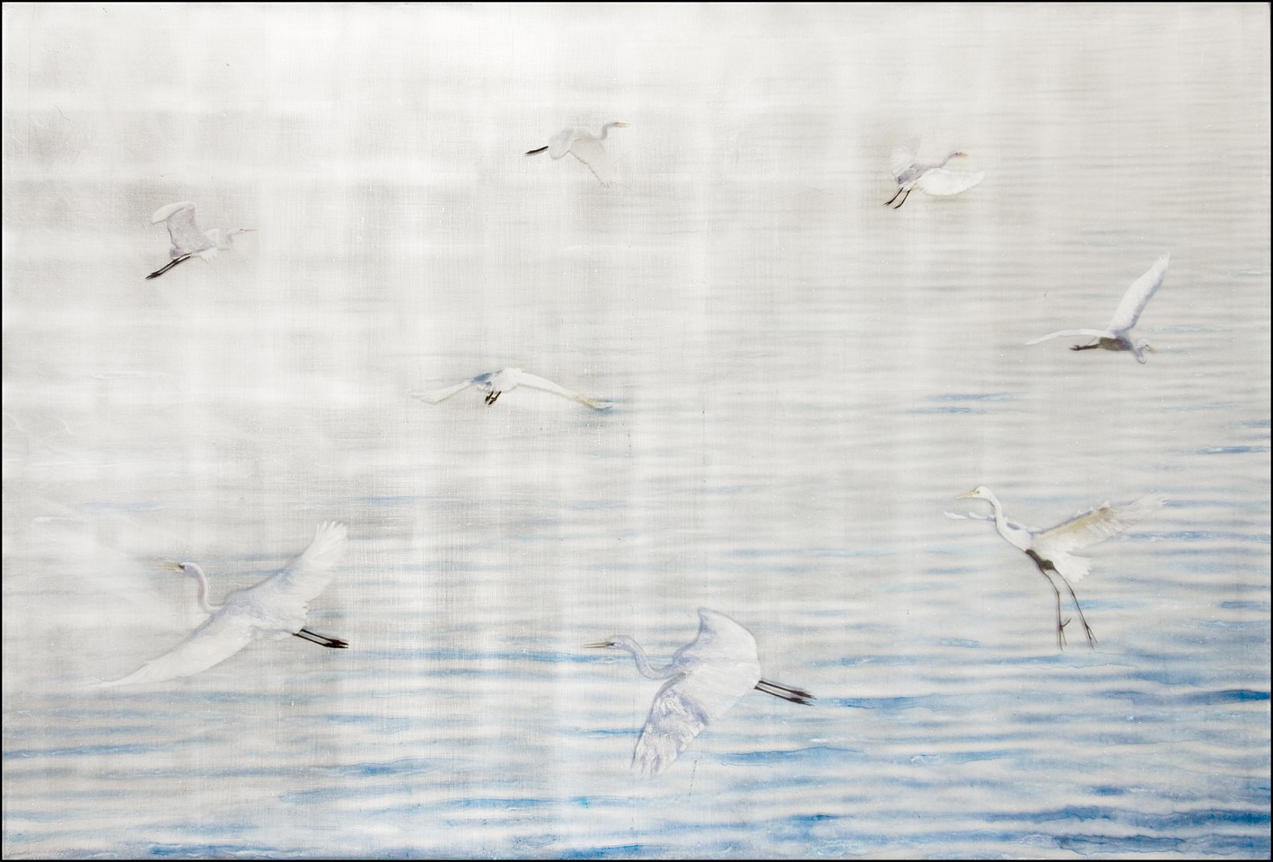 Susan Goldsmith, Eight Herons, 2015
Silver Leaf with Pigment Prints, Oil Pastel, Acrylic Paint,  Watercolors, Crystalina and Resin on Panel, 40 x 60 in.