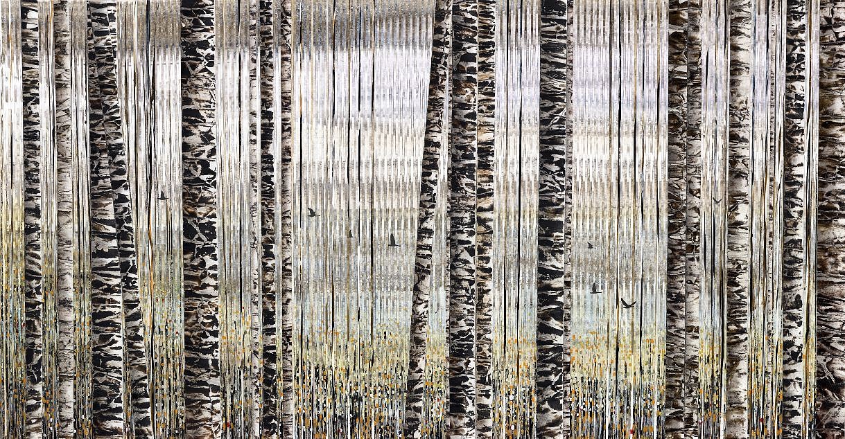 Anastasia Kimmett, Lake with Birds and Pines, 2015
Oil Pastel, Acrylic Ink on Paper Mounted on Panel, 24 x 48 in.
&bull;