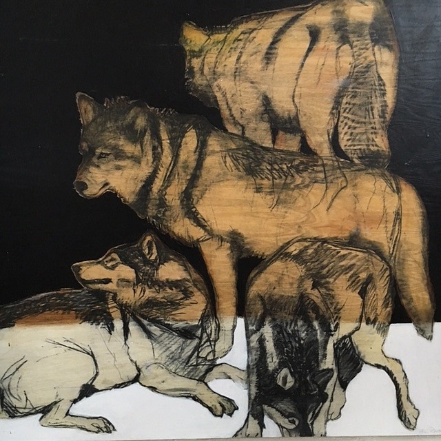 Helen Durant, Timber Wolves, 2016
Charcoal and Acrylic on Wood, 53 1/2 x 48 in.