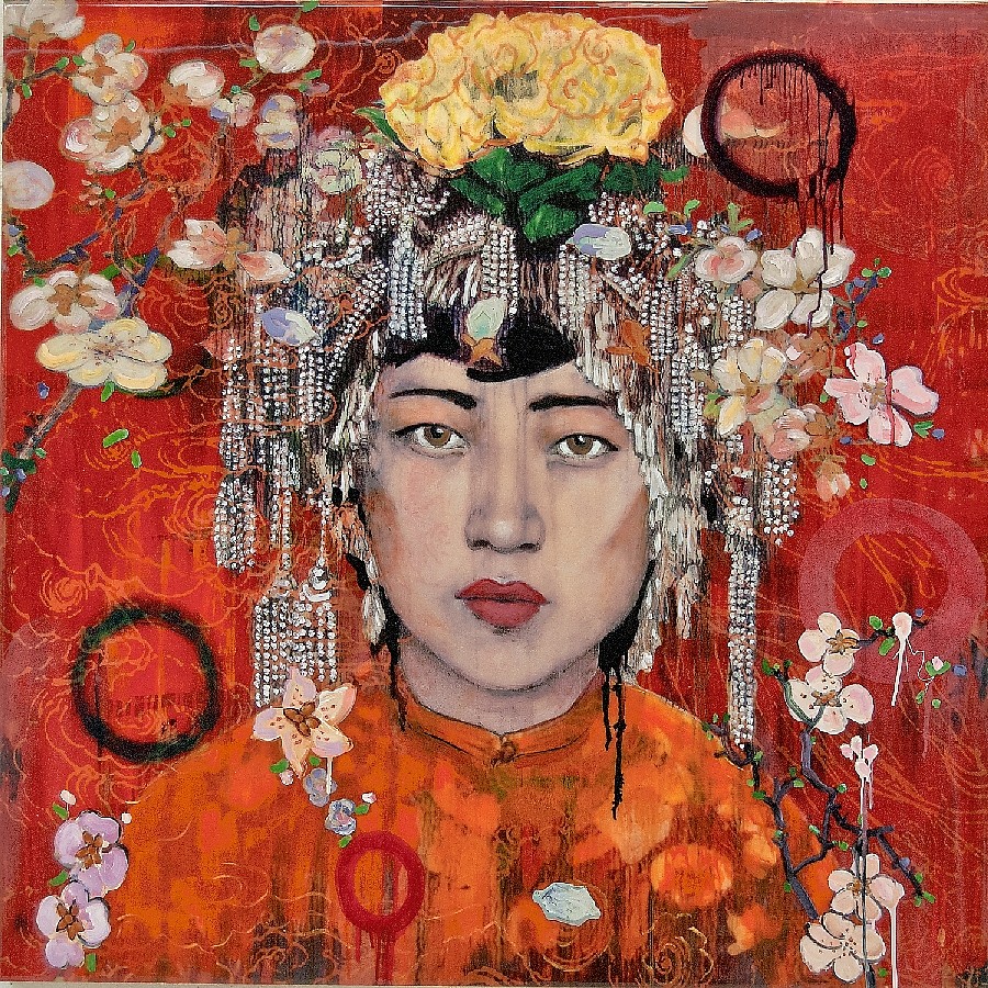 Hung Liu, Da Fan Che Blossoms, 2017
Mixed Media, 41 x 41 in.