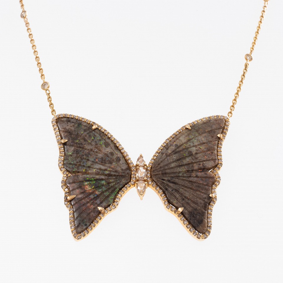 Krysia Renau, Opal Butterfly Necklace
14k Gold weight - 9.9 grams, Diamonds - 0.99 carat, Opal - 14.00 carats, Adjustable 16-18" chain
07982