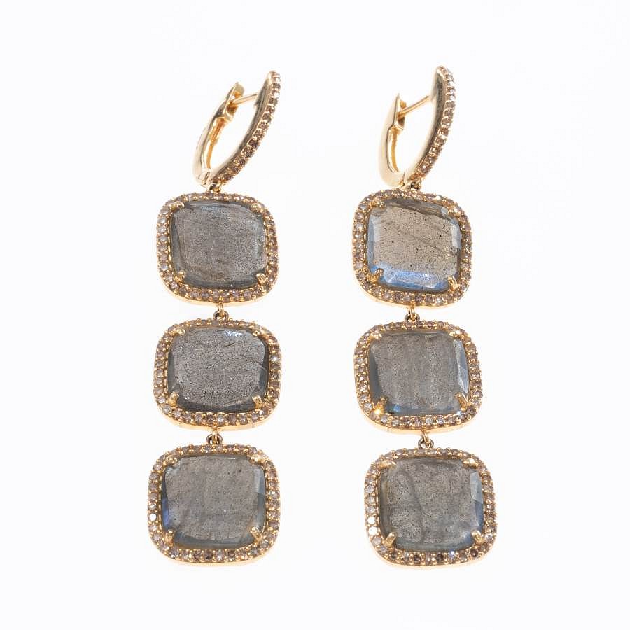Krysia Renau, Labradorite Diamond 14k Gold Earrings
Gold weight - 12.30 grams, Diamonds - 1.45 carats, Labradorite - 16.86 carats
07972