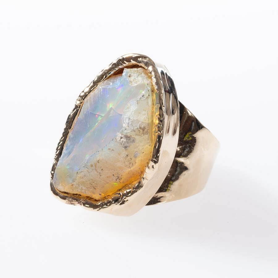 Krysia Renau, Free Form Ethiopian Opal Ring
One of a kind opal set in 24k heavy gold plated hammered brass, 3/4 x 3/4 x 1/4 in. (1.9 x 1.9 x 0.6 cm)
07985
